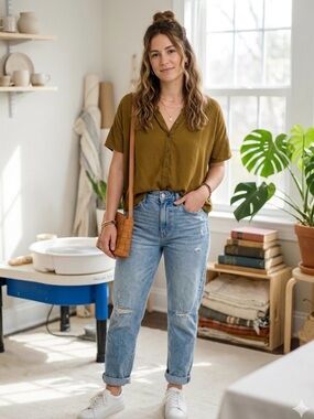 Madewell Olive Short-Sleeve Button V-Neck Blouse